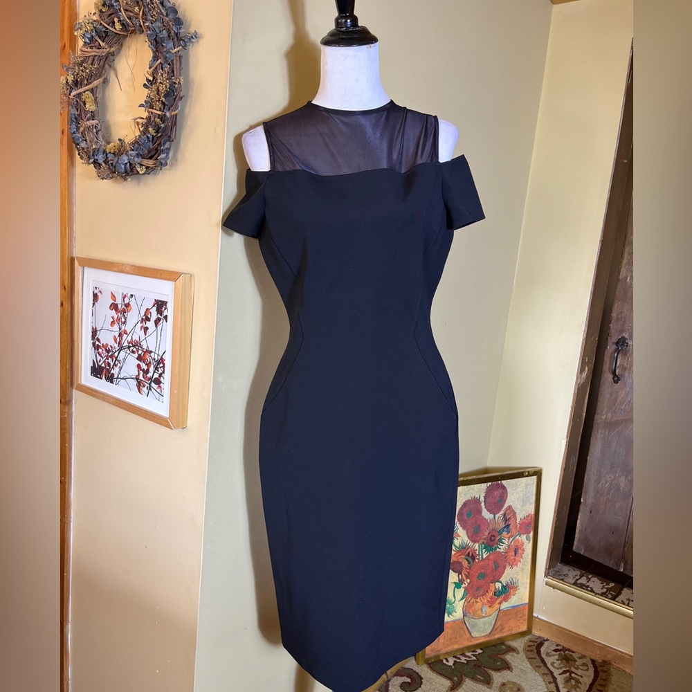 LAFAYETTE 148 Size 8 LBD Black Dress Slim Control Stretch Mesh Peek-a-Boo Sexy